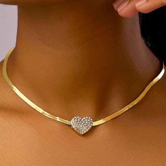 Heart Simulated Diamond inlaid, Herringbone Snake Chain Gold plated Necklace - Picture 1 of 7